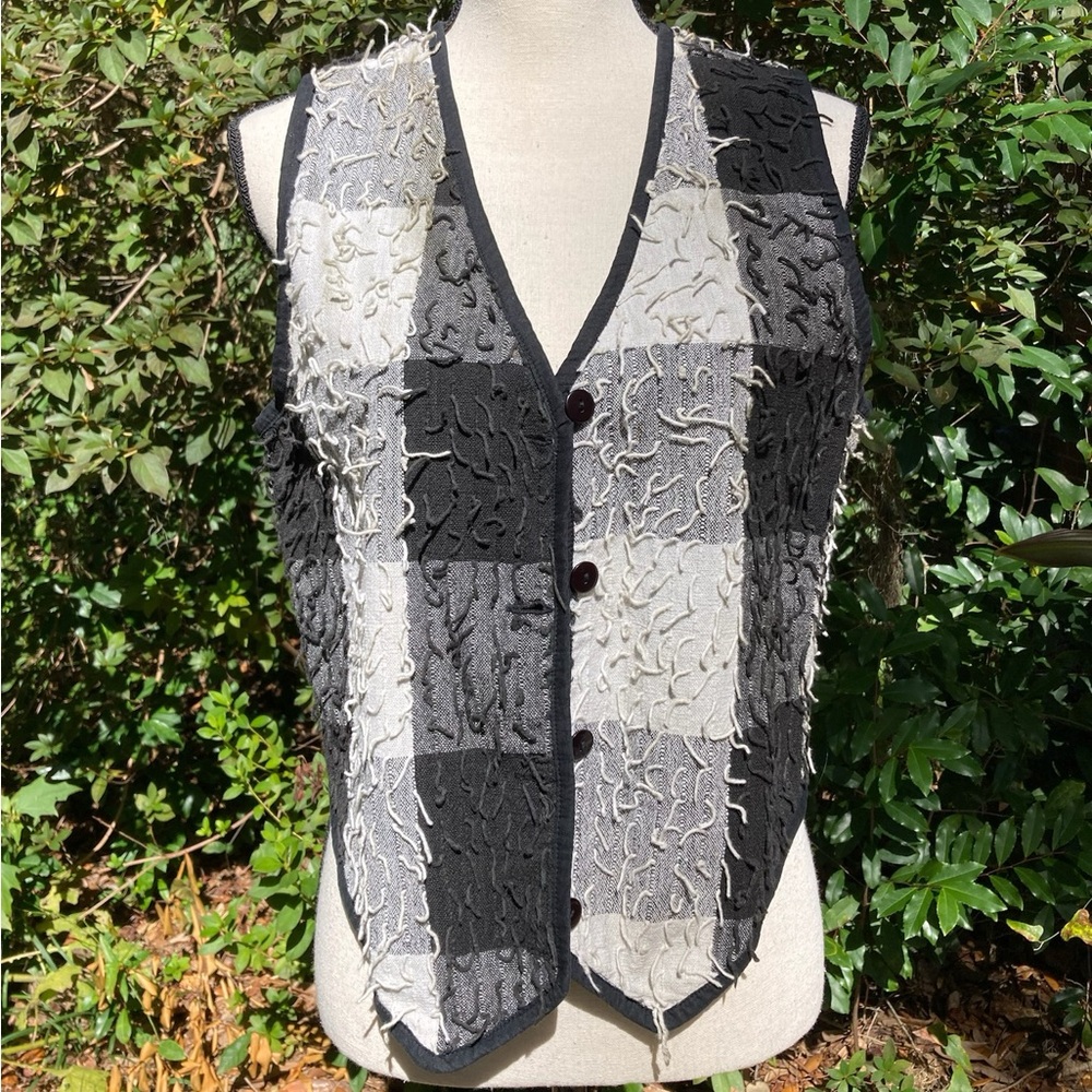 90's Vintage Vest - Medium, Black & White, Squiggly Fringe, Memphis Style